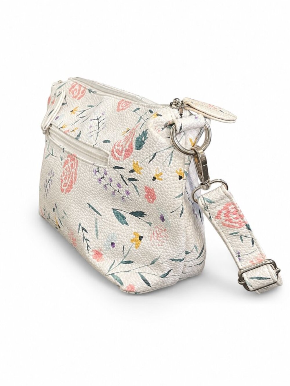 White Floral Faux Leather Crossbody Bag Adjustable Strap